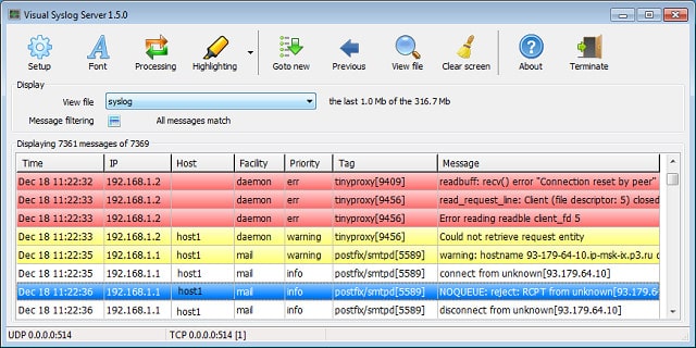 Снимка на екрана на Visual Syslog Server