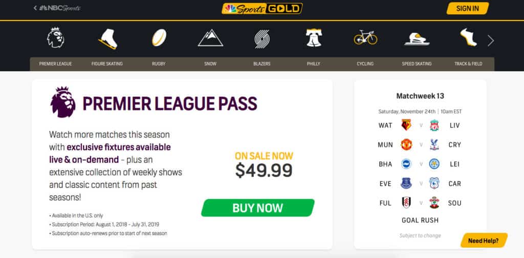 NBC Sports Gold Gold Premier League Pass