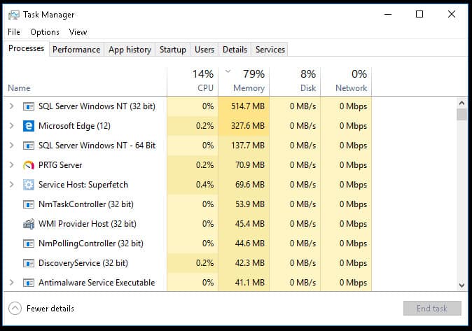 Windows Task Manager показва информация за използване на приложения на високо ниво.