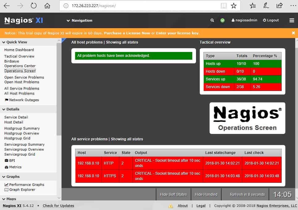 Nagios XI Op Center таблото показва общото състояние на мрежата.