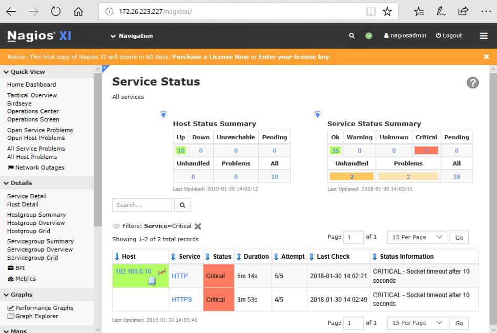 Nagios XI Service Status arată starea serviciilor care rulează pe servere, permite derularea.