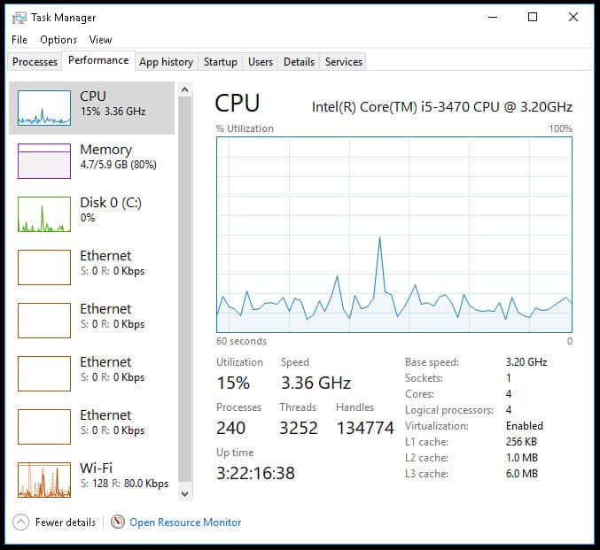 Windows Task Manager показва високо ниво на използване на системата.
