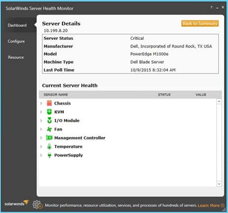 SolarWinds Server Health Monitor може да оцени до подробно състояние на избран сървър.