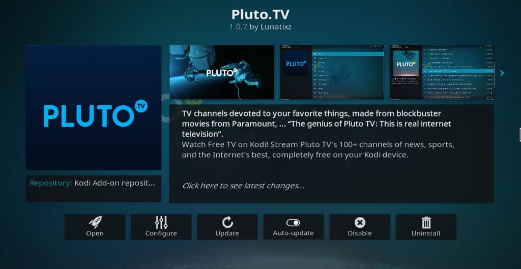 Pluto.tv Kodi addon információs képernyő