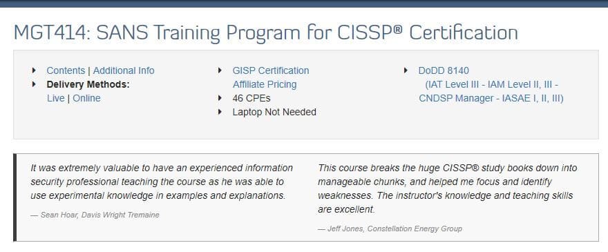 SANS: MGT414: SANS képzési program a CISSP® tanúsításhoz