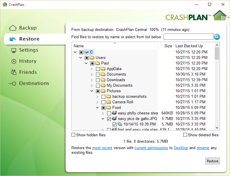 crashplan เดสก์ท็อปคืนค่า