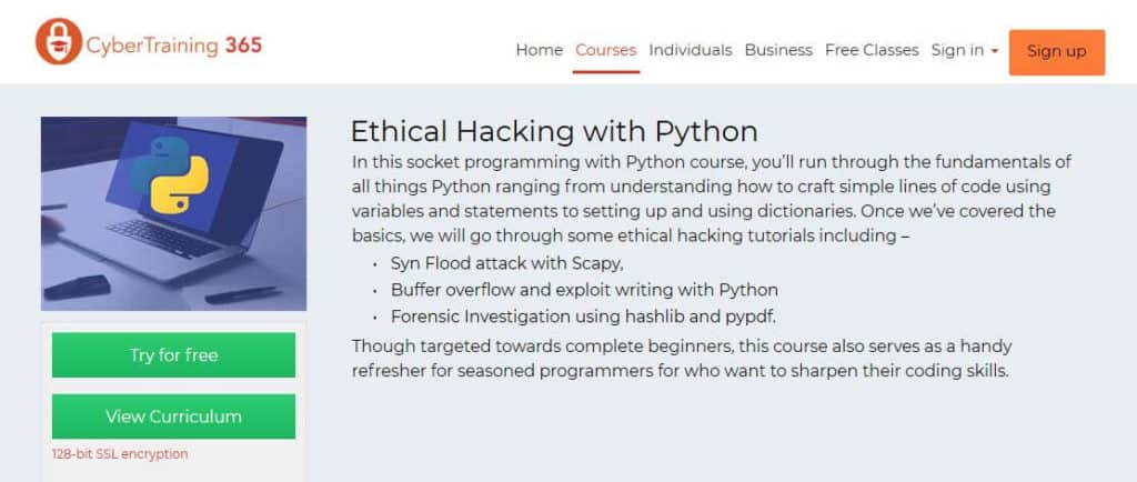Кибертренинг 365 курсове за етично хакерство на Python.