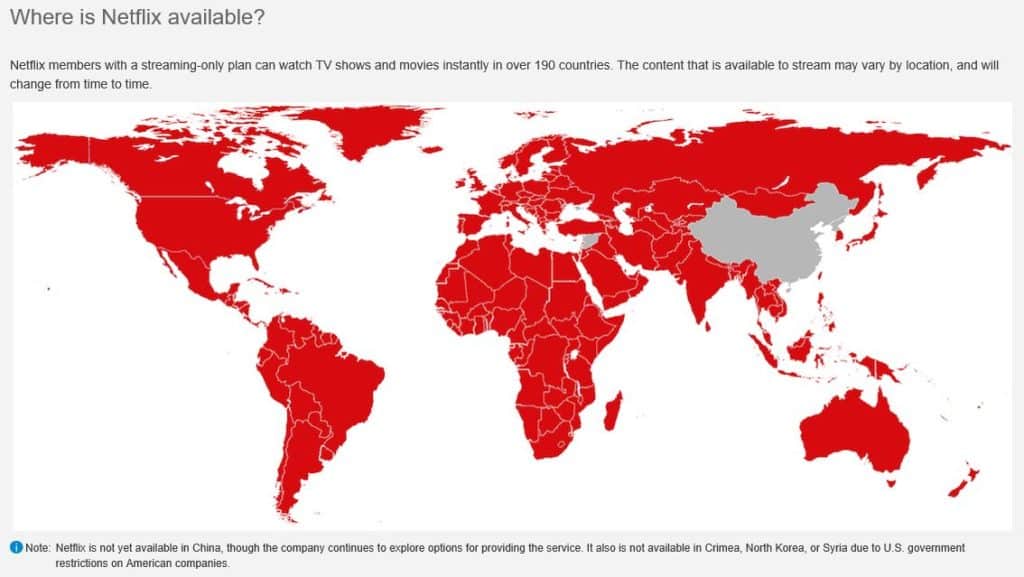 Карта, показваща къде е налична Netflix.