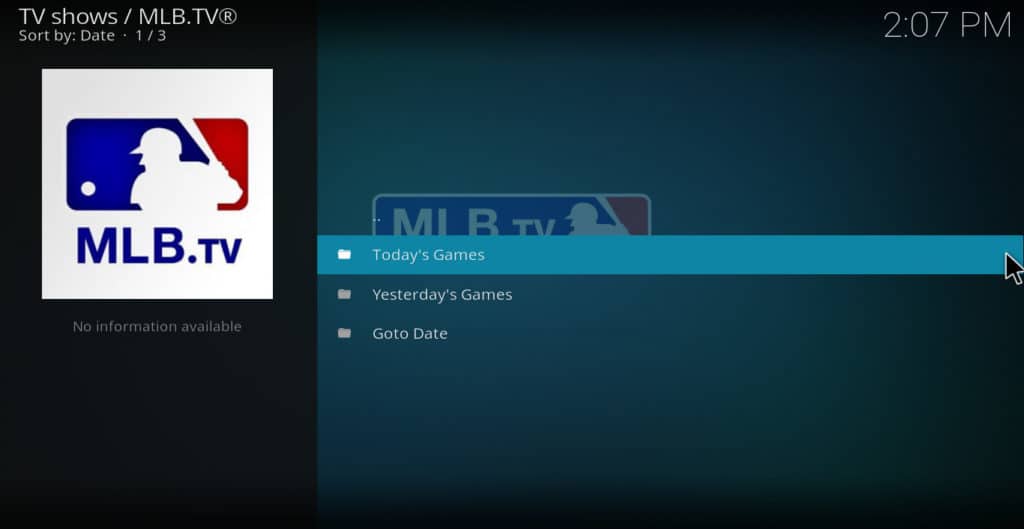 MLB.tv Главно меню на Kodi