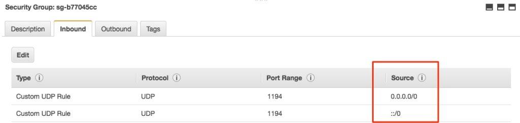 Группа безопасности EC2 в любом месте к порту 1194