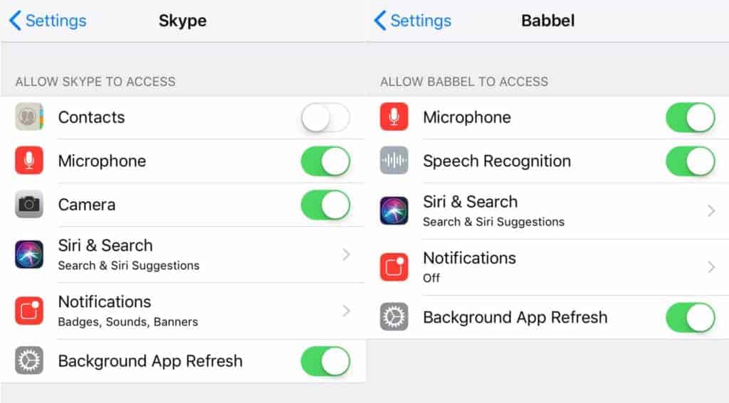 مجوزهای برنامه Skype و Babbel iPhone.