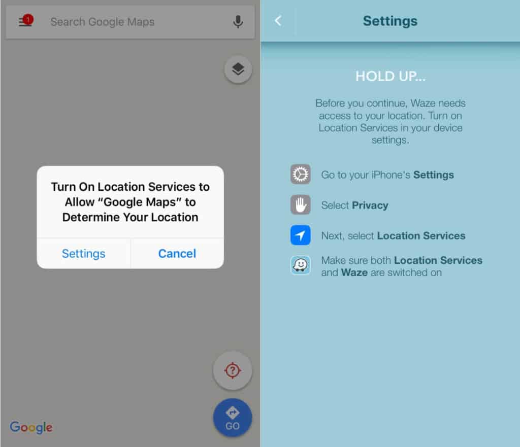 Popup de hartă pentru permisiuni de aplicații pentru iPhone.