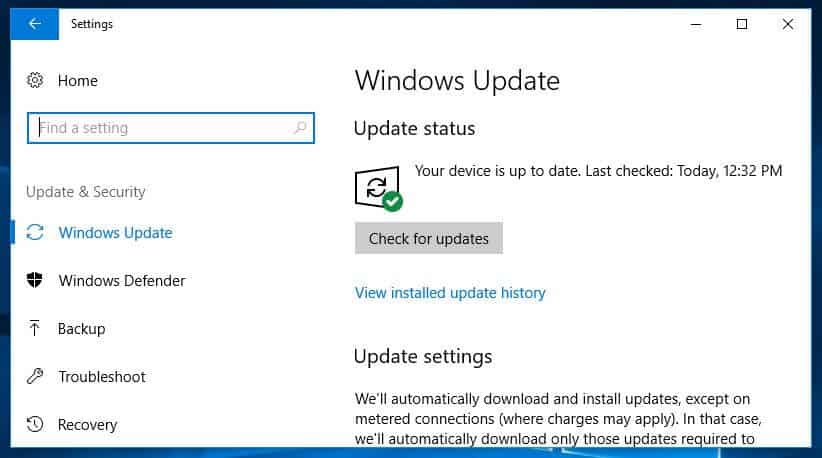 A Windows Update képernyő.