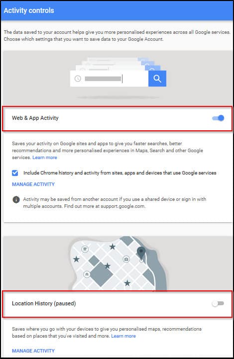 Google Disable Web App Activity Location История
