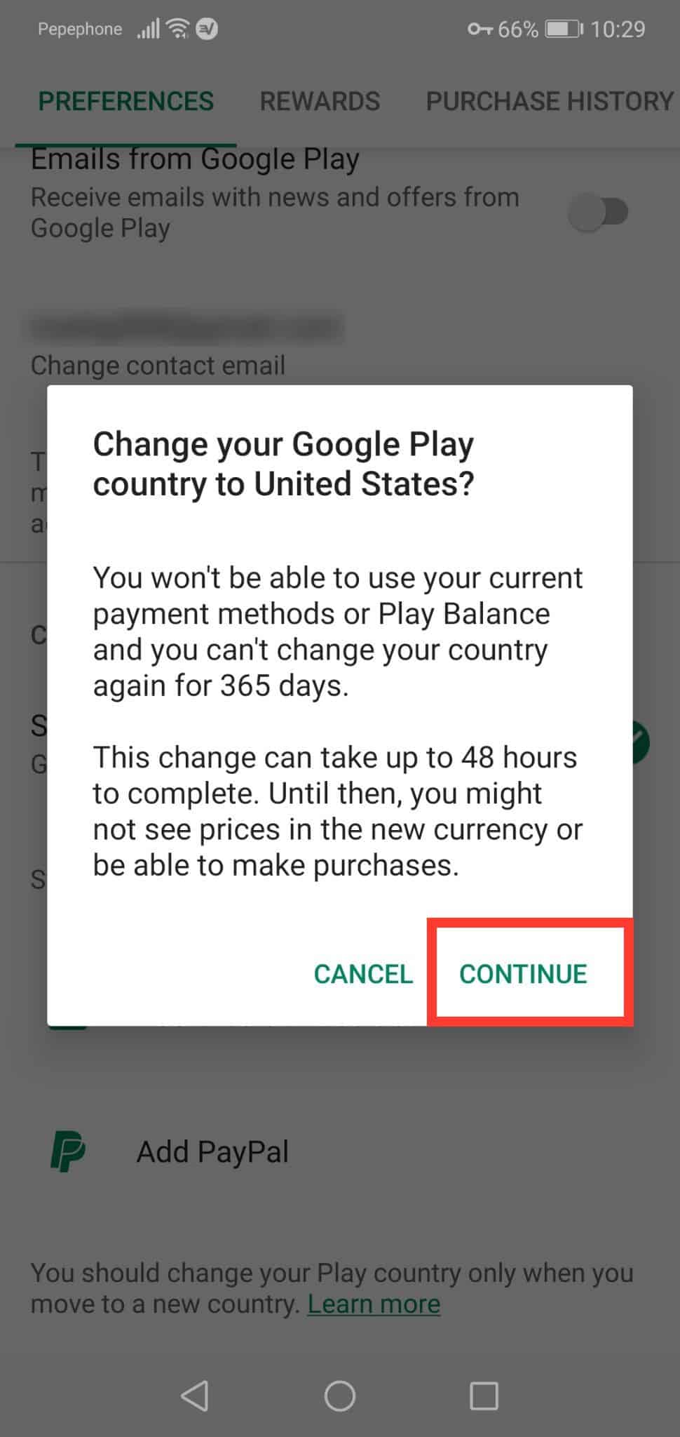 Изменить предупреждение о стране в Google Play