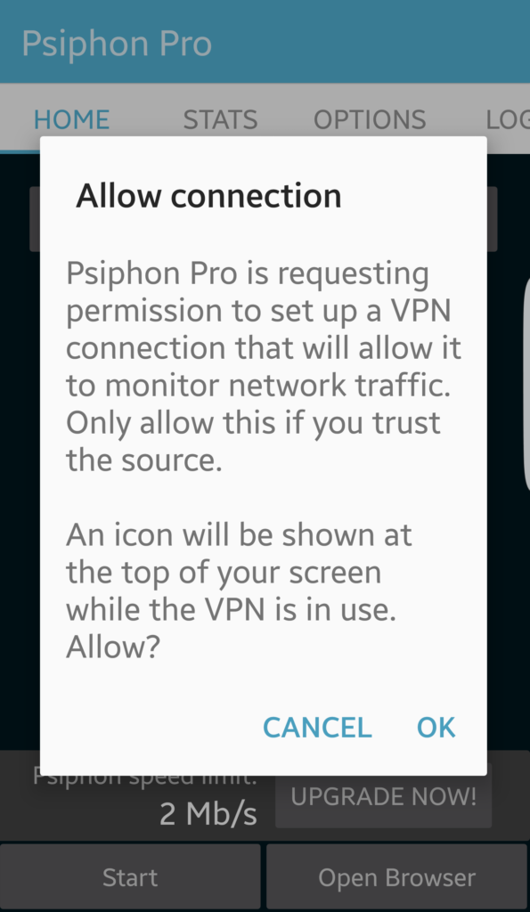 Psifon pentru permisiunea Android de a rula VPN