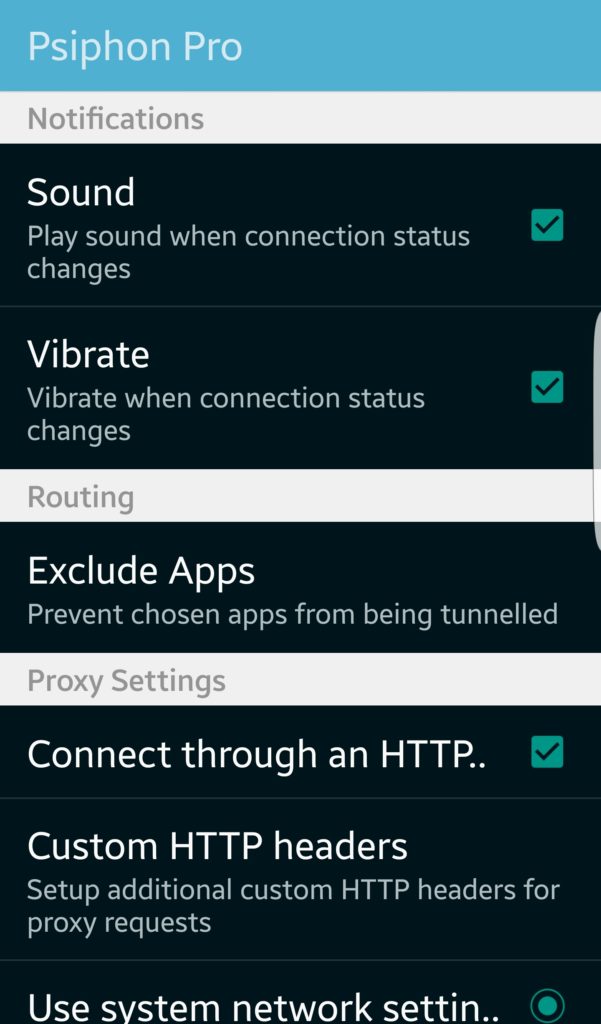 گزینه های بیشتر Android Psiphon