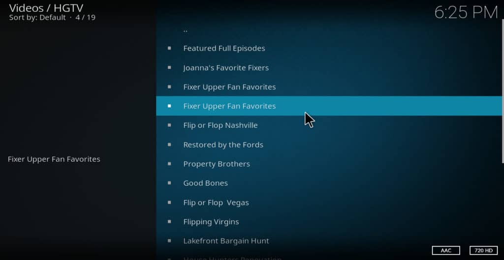 HGTV Kodi addon เมนูหลัก