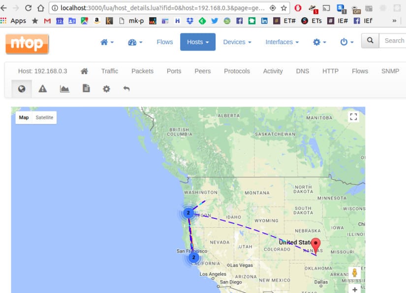 Screenshot de ntopng care arată geolocalizarea gazdelor pe o hartă