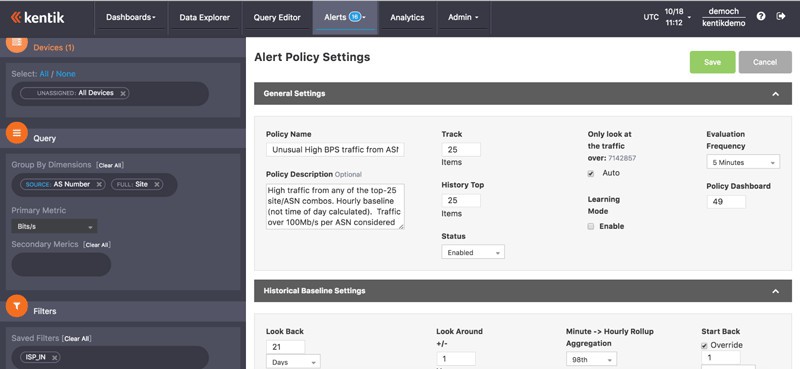Екранна снимка, показваща таблото за управление на Kentik Detect за задаване на политика, която може да задейства предупреждение.