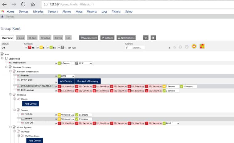 Screenshot de PRTG care prezintă arborele de dispozitiv și senzorii asociați cu fiecare dispozitiv