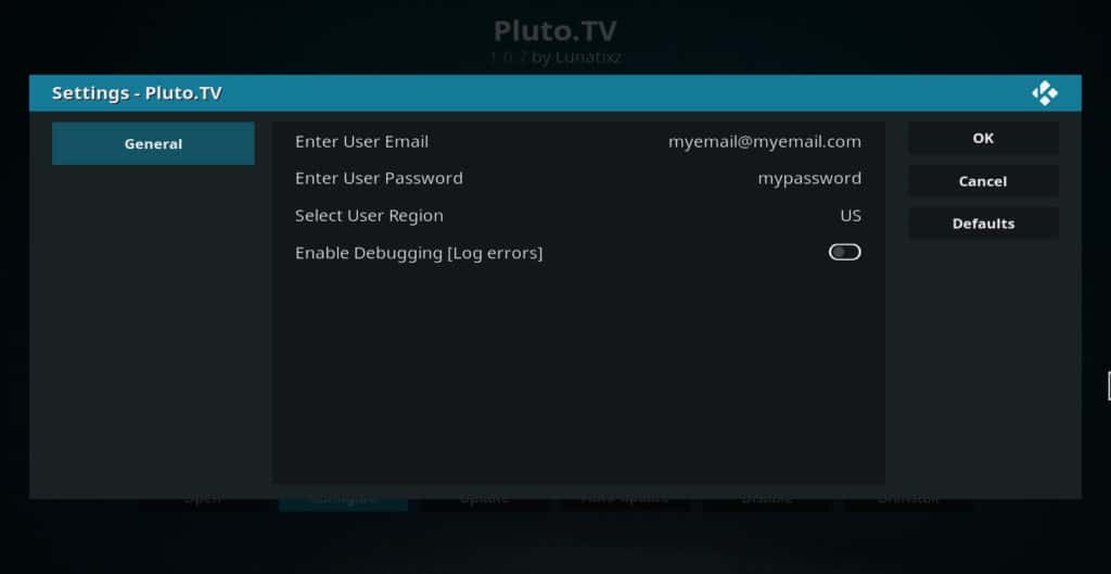 Setări pentru addon TV Pluto