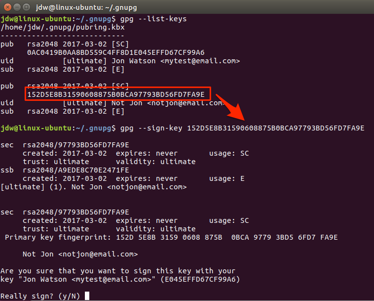 Linia de comandă a cheii semnului GPG Ubuntu