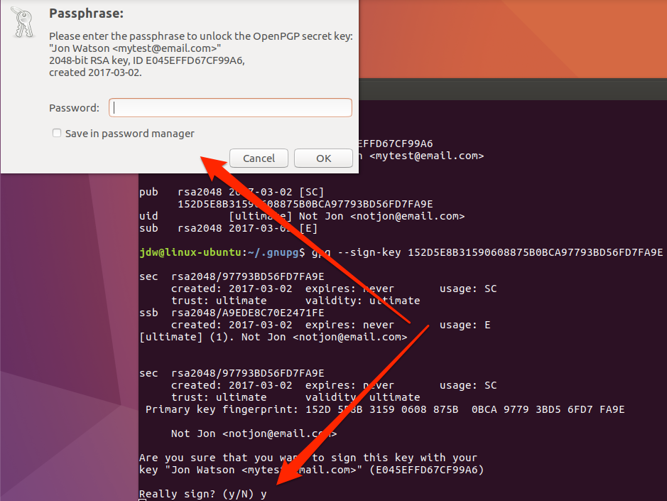 Ubuntu GPG aláírási kulcs jelszó prompt parancssor