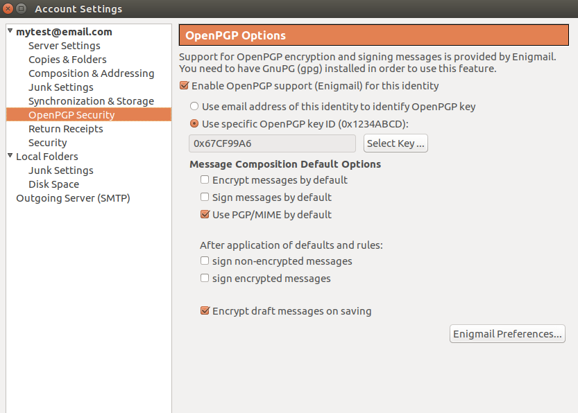 ตัวเลือกการตั้งค่าบัญชี engimail ของ Ubuntu
