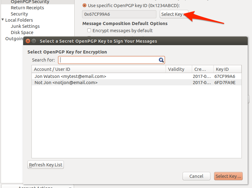 Opcije izbora ključeva za Ubuntu engimail račun