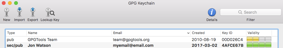 GPG popis ključeva za ključeve