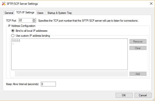 SFTP szerver TCP beállítások