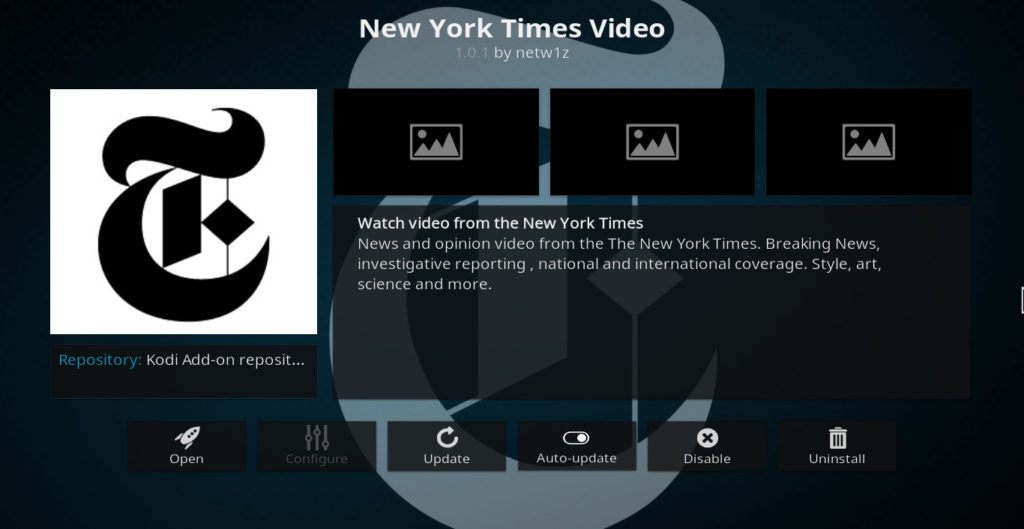 โปรแกรมเสริมของ New York Times วิดีโอ Kodi