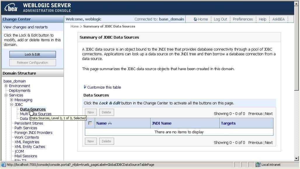 BEA WebLogic Administration Database konfiguráció