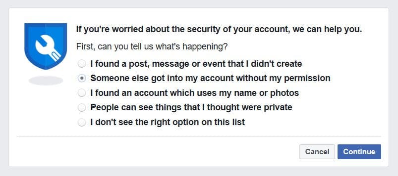 Fraude de preluare a contului Facebook.