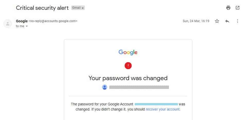 ایمیل تغییر گذرواژه Gmail.