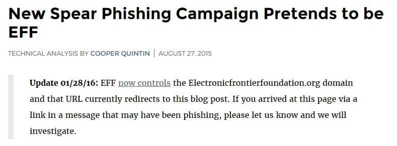 Актуализация на публикацията в блога на EFF относно домейна с фишинг на копия.