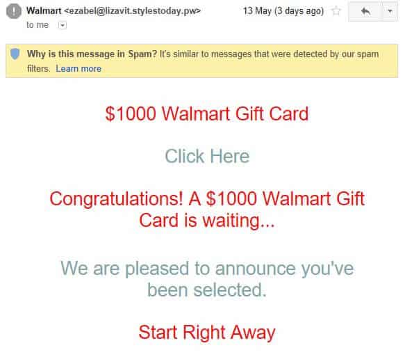 Лъжлив имейл от Walmart, съдържащ фишинг връзка.