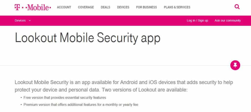 Aplikacija T-Mobile Lookout Mobile Security.