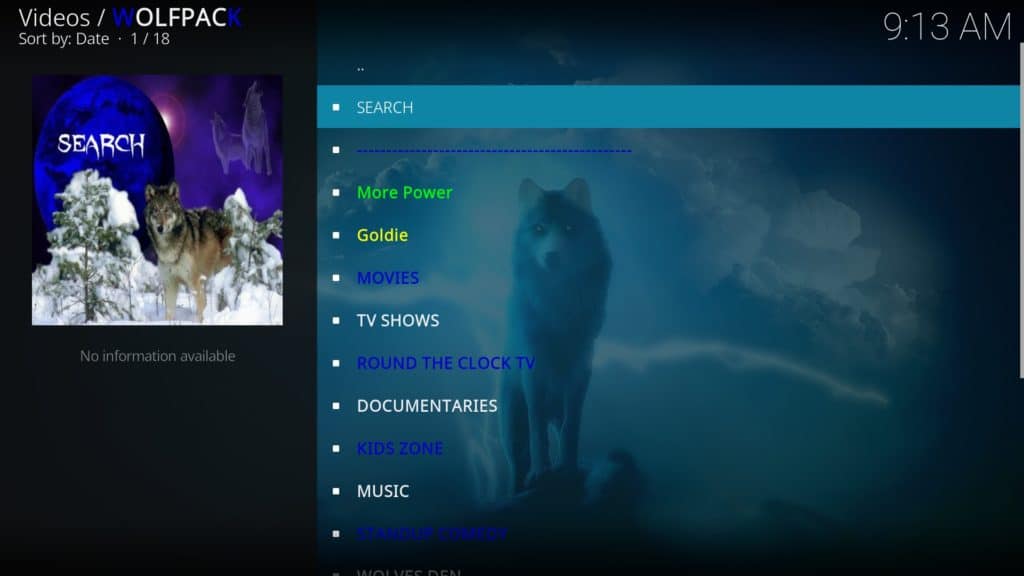 Wolfpack Kodi addon menü